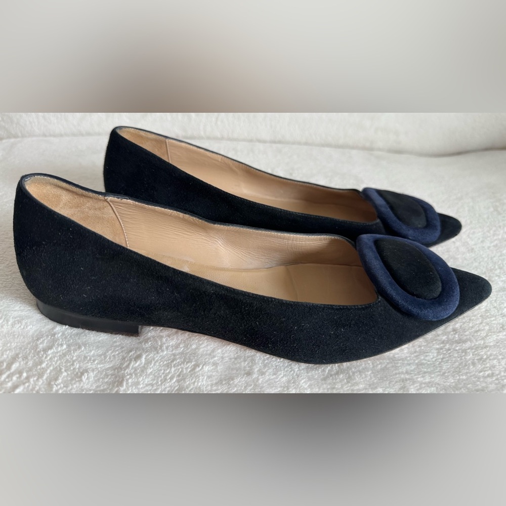 Bruno Ricci for Diane B. Women’s Black Suede Pointed Toe Flats Navy Blue Buckle